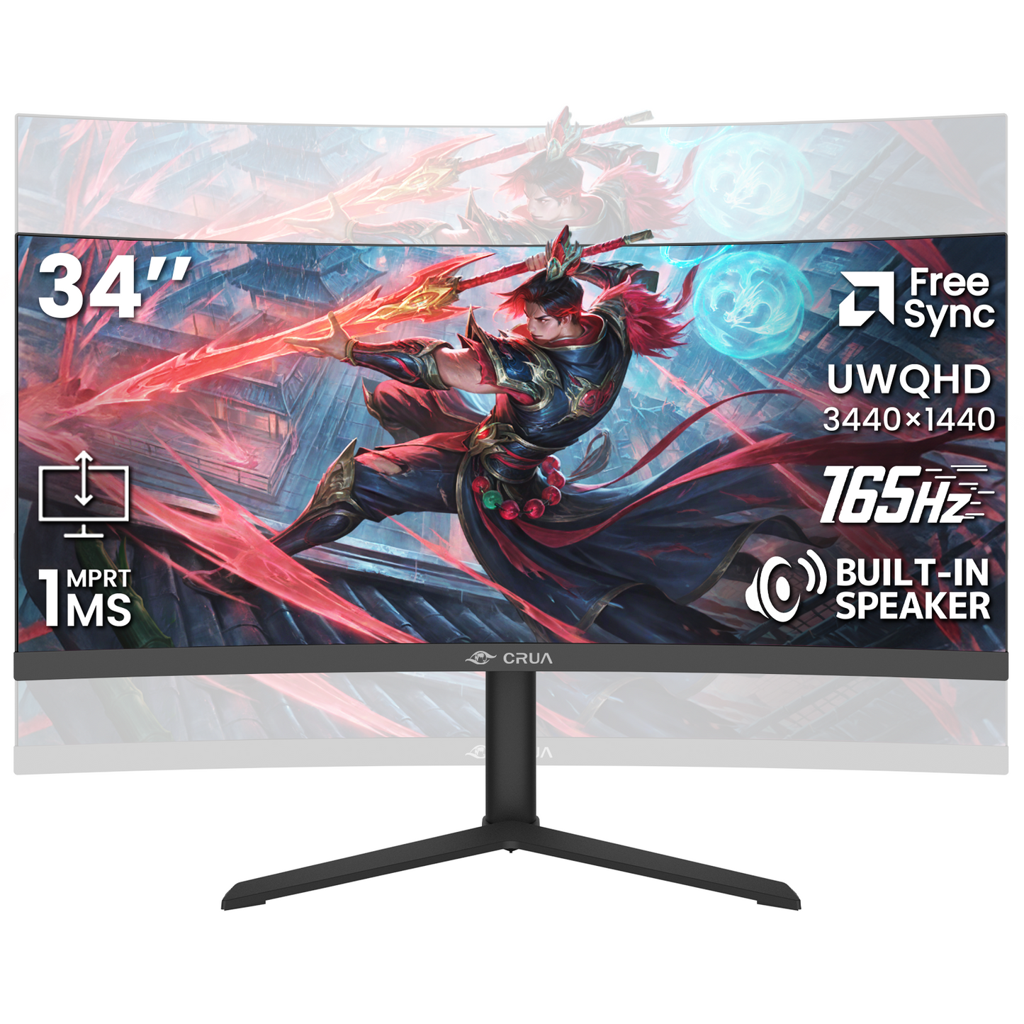 CRUA 34” Curved Ultrawide Gaming Monitor, 3440×1440 UWQHD, 165Hz, 3800R Curvature, Height Adjustable Stand, Built-in Speakers, HDMI & DisplayPort, Black