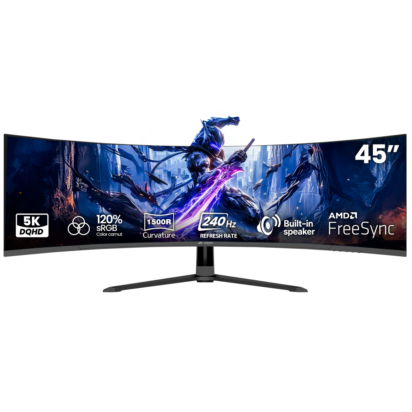 CRUA 45" DQHD 240Hz Ultrawide Curved Gaming Monitor, 1500R, FreeSync, Black 5120x1440 32:9 VA Screen, 120%sRGB, Built-In Speakers, HDMI 2.1/DP 1.4 and 100x100mm Wall Mount For Gaming, Editing and Work