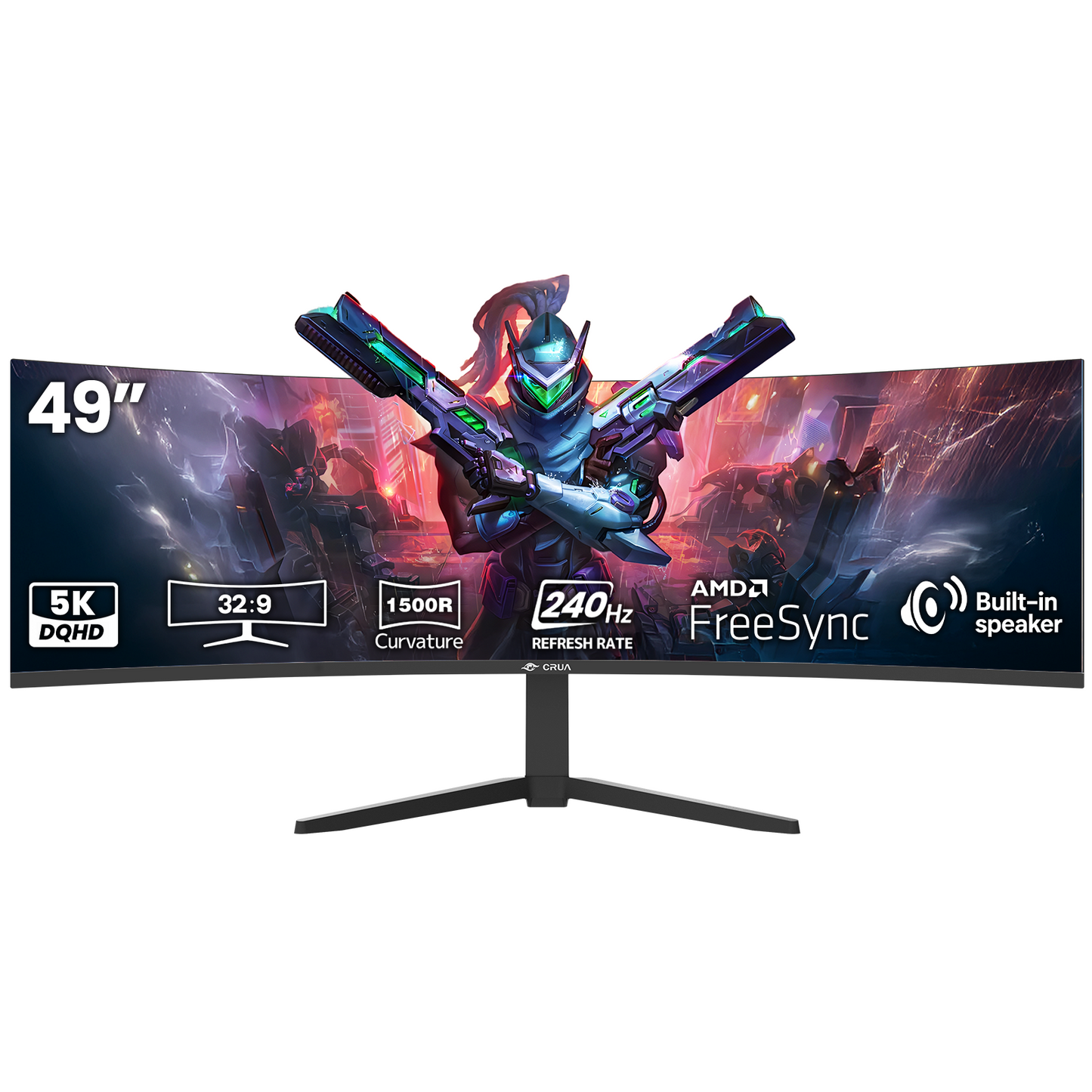 CRUA 49" DQHD 240Hz Ultrawide Curved Gaming Monitor, 1500R, FreeSync, Black | 32:9 VA Panel, 120%sRGB, 3000:1 Contrast, Built-In Speakers, Height-Adjustable Stand, HDMI 2.1/DP 1.4 and 75x75mm Wall Mount