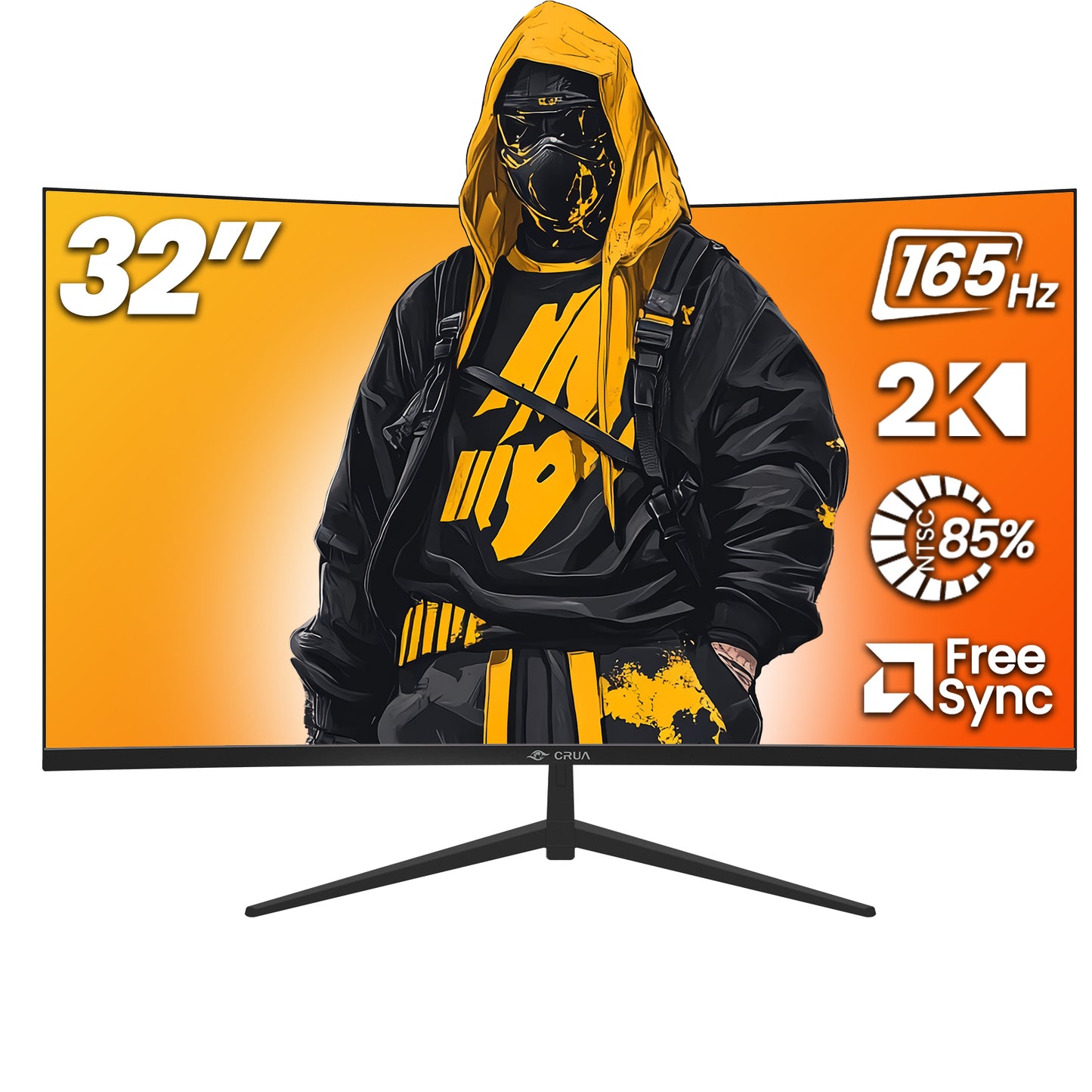 CRUA 32" QHD 165Hz Curved Gaming Monitor, VA Screen ，1800R, FreeSync, 99 sRGB, Low Blue Light, HDMI/DisplayPort, Wall Mountable - Black