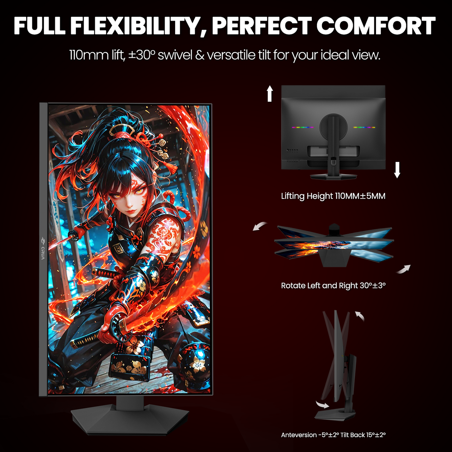 CRUA 27" 160Hz Gaming Monitor, IPS UHD(3840x2160P), 120% SRGB, Support FreeSync, Height adjustable, Lighting effects, Built-in Speakers, HDMI & DP, Black