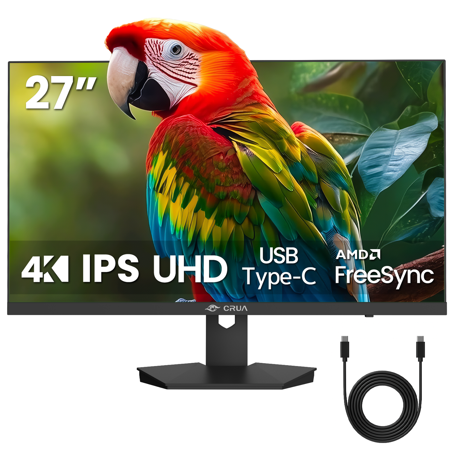 CRUA 27" 4K White Monitor, UHD(3840x2160P) IPS Panel, 60Hz Computer Monitor, Supports AMD Freesync, USB Type-C, 120% sRGB, Built-in Speakers, Wall Mountable, for Work, Streaming, and Home Office