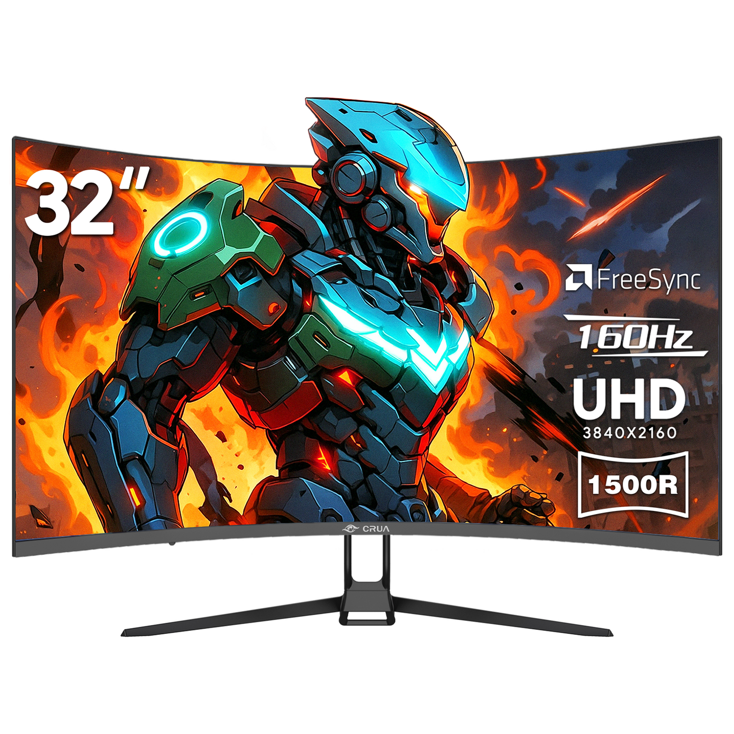CRUA 32" Curved Gaming Monitor, 4k UHD(3840 * 2160P) VA Screen, 1500R, 144Hz/160Hz Computer Moniter, Supports AMD Freesync, 120% sRGB, Built-in Speakers, Wall Mountable Installs(HDMI 2.1/DP 1.4)-Black