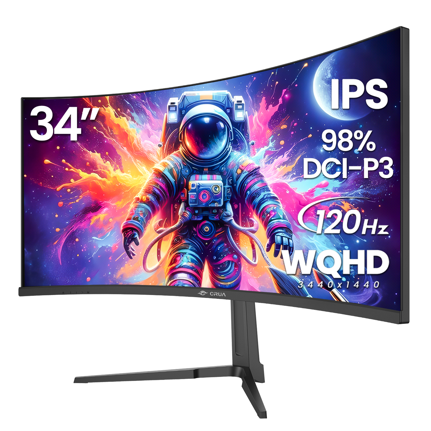 CRUA 34-inch IPS Curved Gaming Monitor, WQHD 3440x1440, 120Hz Computer Monitor, 1900R, 120% sRGB, FreeSync, HDMI 2.0 & DP 1.4, Wall Mountable - Black
