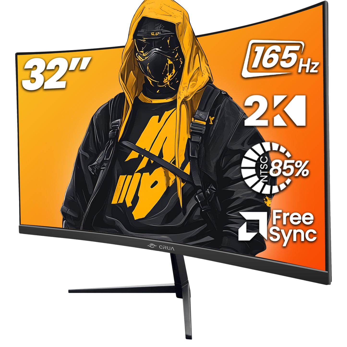 CRUA 32" QHD 165Hz Curved Gaming Monitor, VA Screen ，1800R, FreeSync, 99 sRGB, Low Blue Light, HDMI/DisplayPort, Wall Mountable - Black
