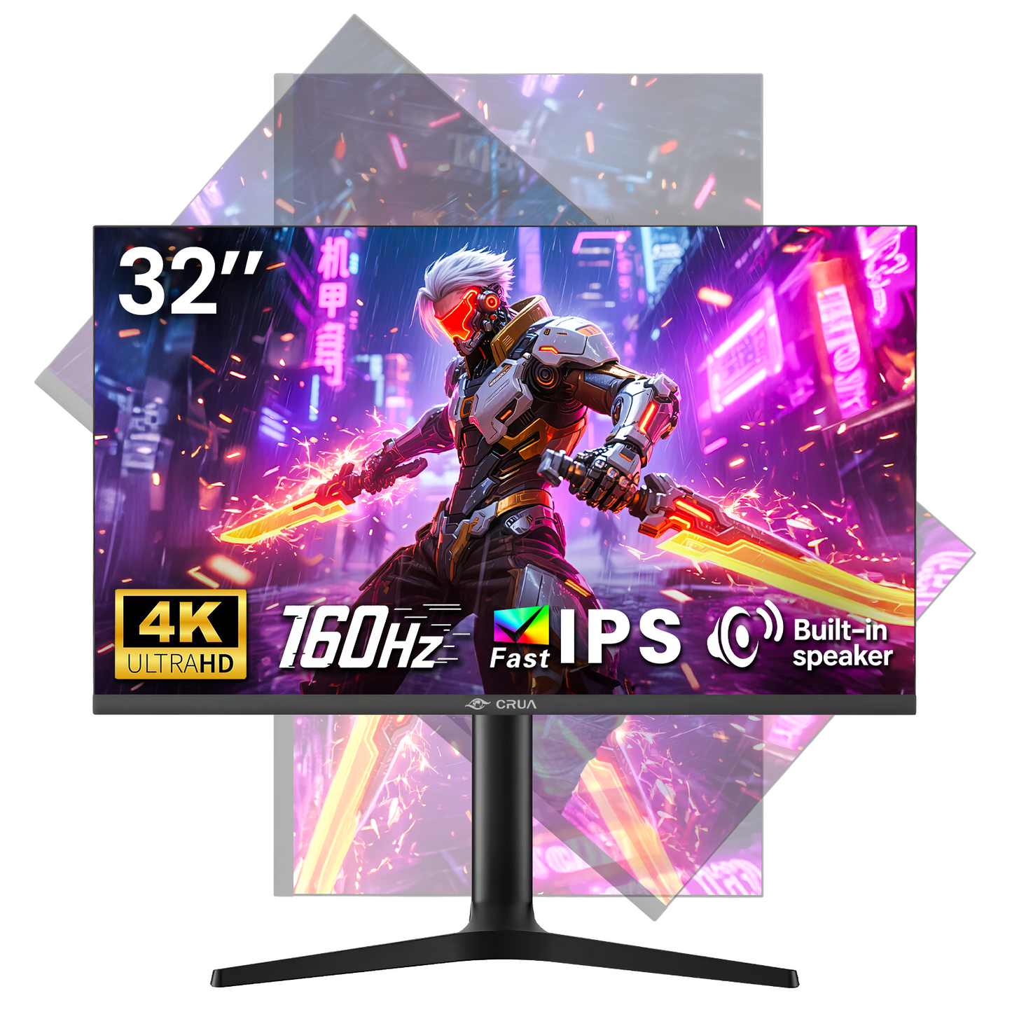 CRUA 32'' 4K Gaming Monitor 160Hz, UHD 3840x2160 IPS Screen, Height/Pivot/Swivel/Tilt Adjustable Vertical Monitor, Support FreeSync, Built-in Speakers, 120% sRGB, PIP/PBP, HDMI 2.0 & DP 1.4-Black