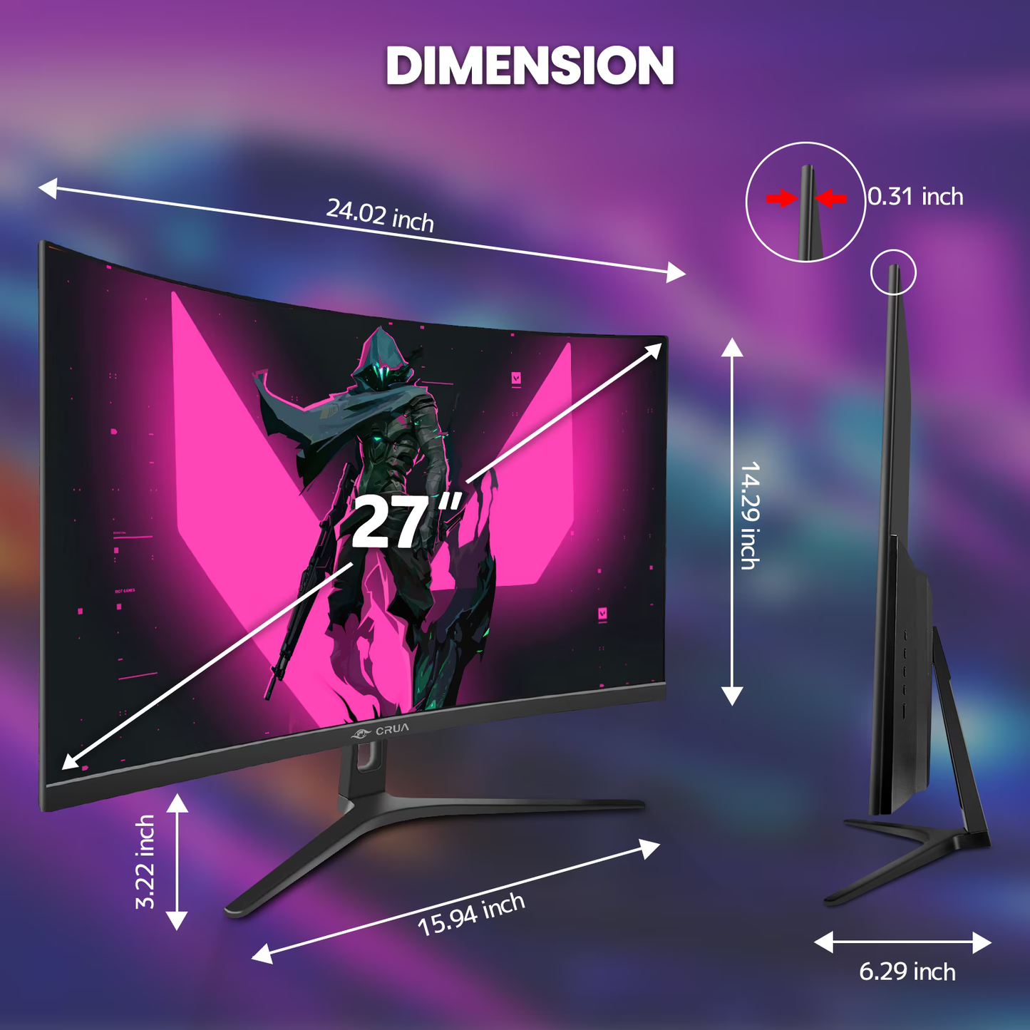 CRUA 27" 280Hz Curved Gaming Monitor, Full HD 1080p, 1800R Curvature VA Panel, 120% sRGB, AMD FreeSync, Low Blue Light, DP 1.2/HDMI 1.4, Wall Mountable-Black