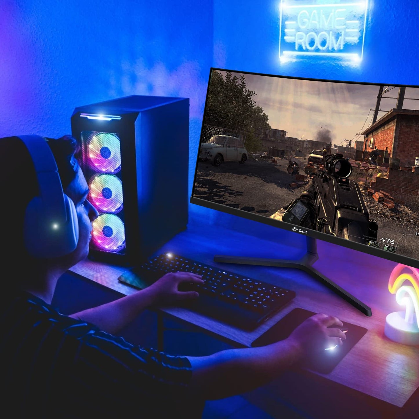 CRUA 24" FHD 1080P 180Hz Curved Gaming Monitor, 2800R, AMD FreeSync, Black 120%sRGB, 3000:1, Low Blue Light, HDMI 1.4/DP 1.2, 3.5mm Audio and 75x75mm Wall Mount for PC Gaming, Streaming and Work