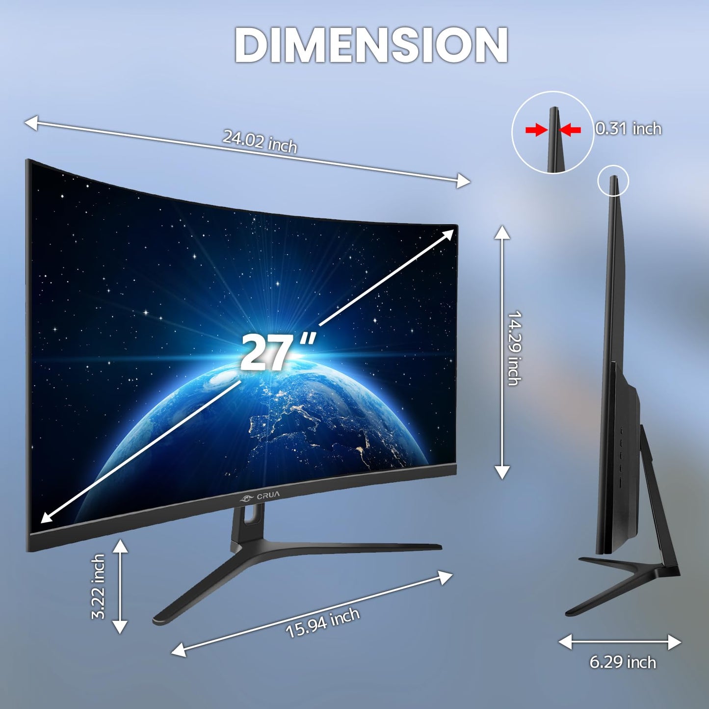 CRUA 27" FHD 1080P 100Hz Curved Computer Monitor, 1800R, HDMI/VGA, Black VA Screen, 120%sRGB, Low Blue Light, Three-Sided Narrow Bezel and 100x100mm Wall Mount for Office, Dormitory, Movies and Work