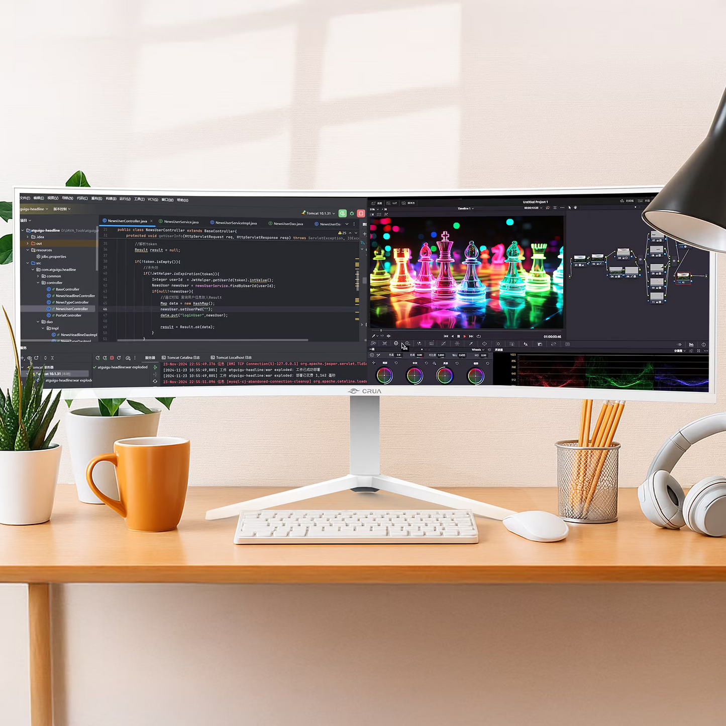 CRUA 49 Inch Ultra-Wide Curved Gaming Monitor, 120Hz, DQHD (5120x1440p), 1500R,FreeSync, 32:9, 120% sRGB, Height adjustable, Built-in Speakers, Wall Mount Install, HDMI & DP, White