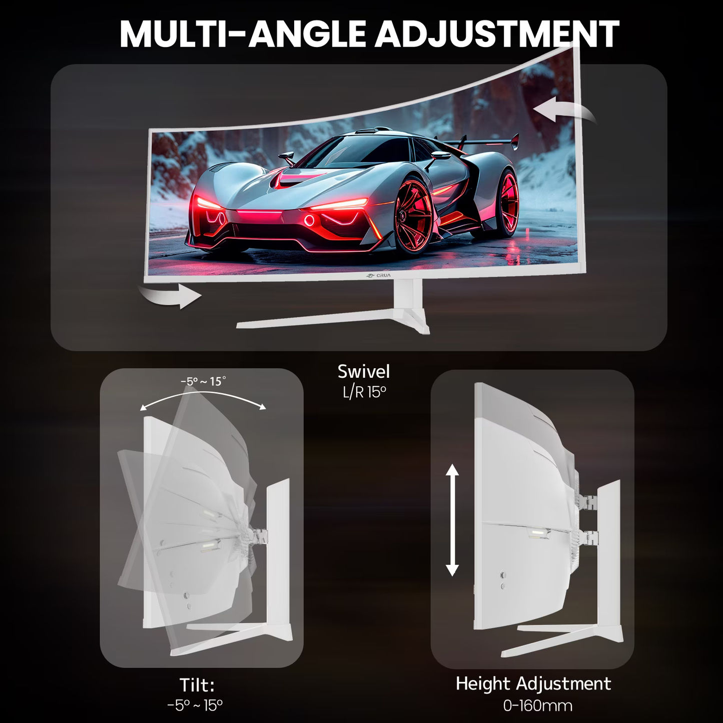 CRUA 49 Inch Ultra-Wide Curved Gaming Monitor, 120Hz, DQHD (5120x1440p), 1500R,FreeSync, 32:9, 120% sRGB, Height adjustable, Built-in Speakers, Wall Mount Install, HDMI & DP, White