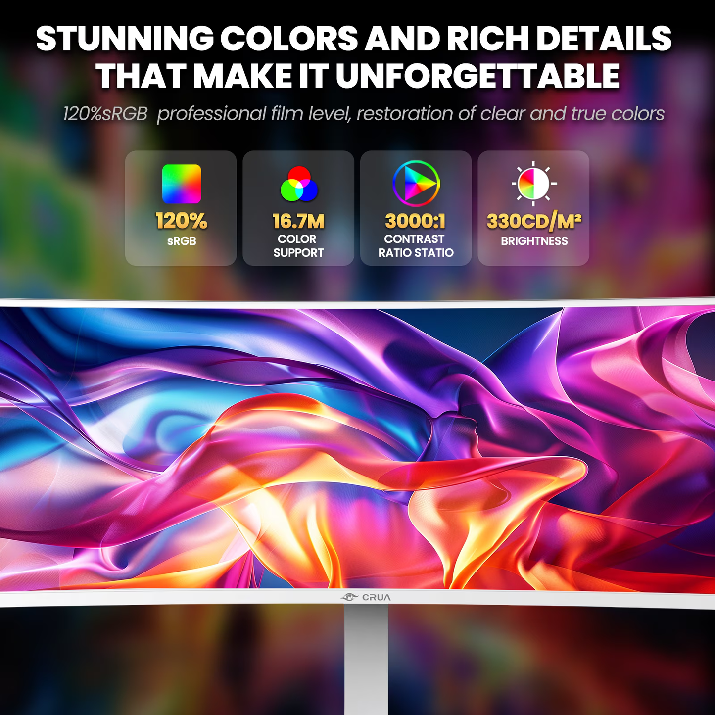 CRUA 49 Inch Ultra-Wide Curved Gaming Monitor, 120Hz, DQHD (5120x1440p), 1500R,FreeSync, 32:9, 120% sRGB, Height adjustable, Built-in Speakers, Wall Mount Install, HDMI & DP, White