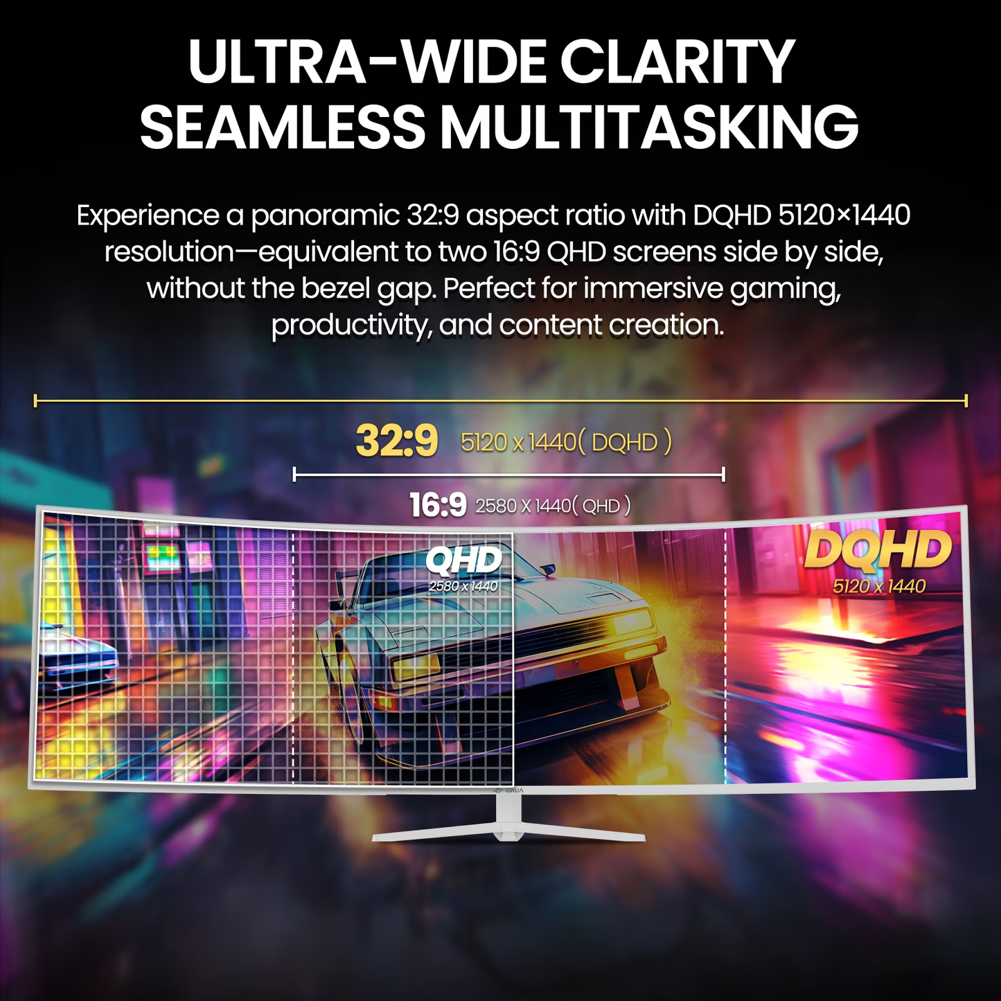 CRUA 49 Inch Ultra-Wide Curved Gaming Monitor, 120Hz, DQHD (5120x1440p), 1500R,FreeSync, 32:9, 120% sRGB, Height adjustable, Built-in Speakers, Wall Mount Install, HDMI & DP, White