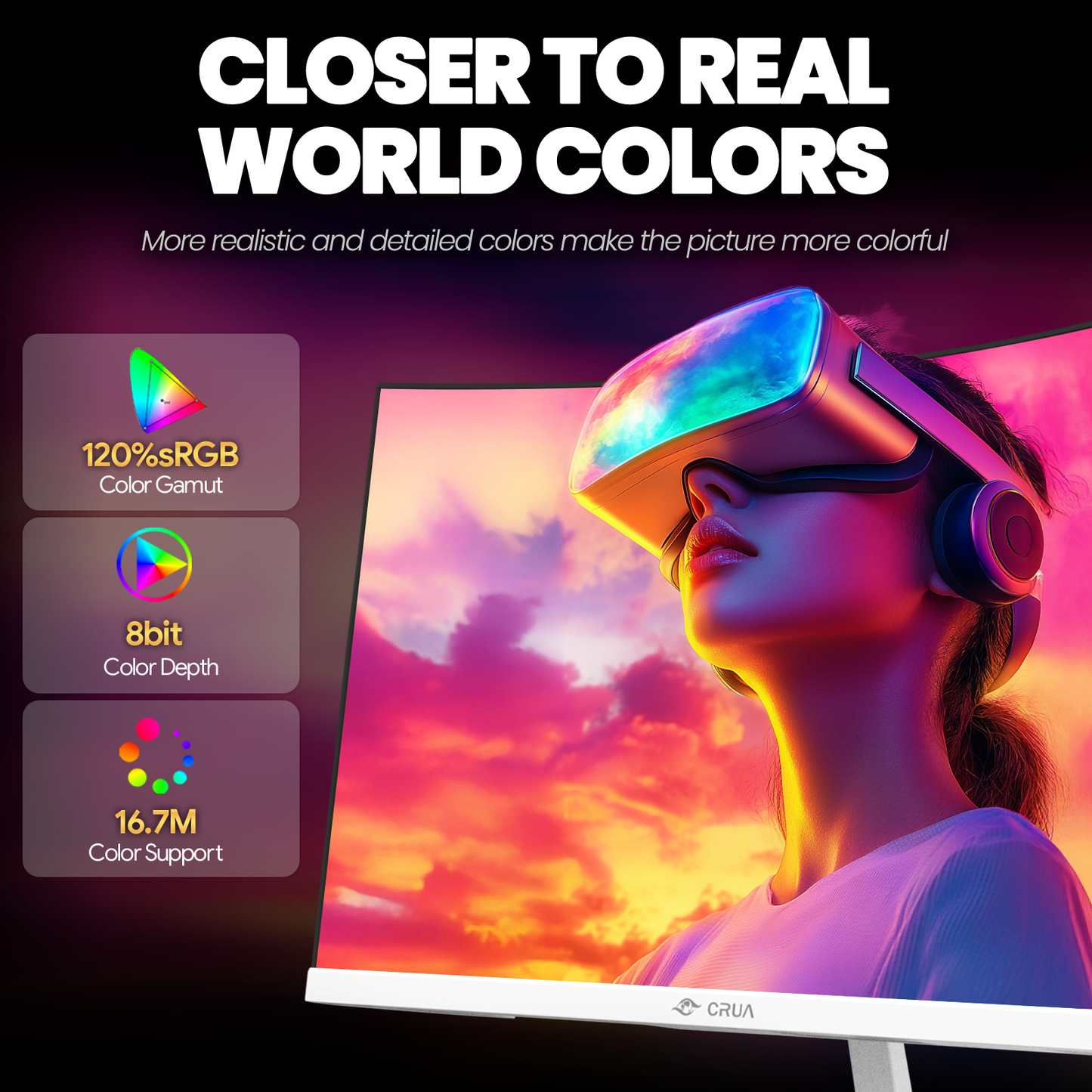 CRUA 24" Curved Gaming Monitor, 165Hz/200Hz Computer Monitor, FHD 1920x1080, 120% sRGB, AMD FreeSync, Blue Light Filter, for Gaming & Office, Wall Mountable- White