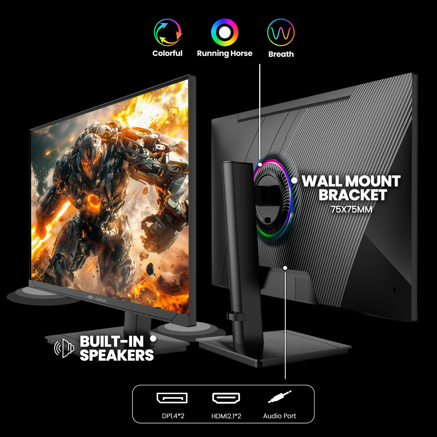 CRUA 27'' 2K 360Hz IPS Gaming Monitor, QHD 1440P, 120%sRGB, Built-in Speakers, Height/Pivot/Swivel/Tilt Adjustable, FreeSync, DP1.4 & HDMI2.1, Wall Mount-Black