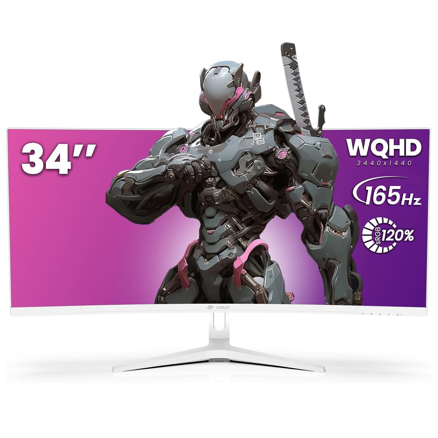 CRUA 34'' White Gaming Monitor 165Hz/144Hz 21:9 1500R Ultrawide Curved Monitor, WQHD 3440X1440 120%sRGB VA Panel Computer Monitor Support Freesync, PIP/PBP, HDMI2.0 & DP1.4, Wall Mount&Tilt Adjustable